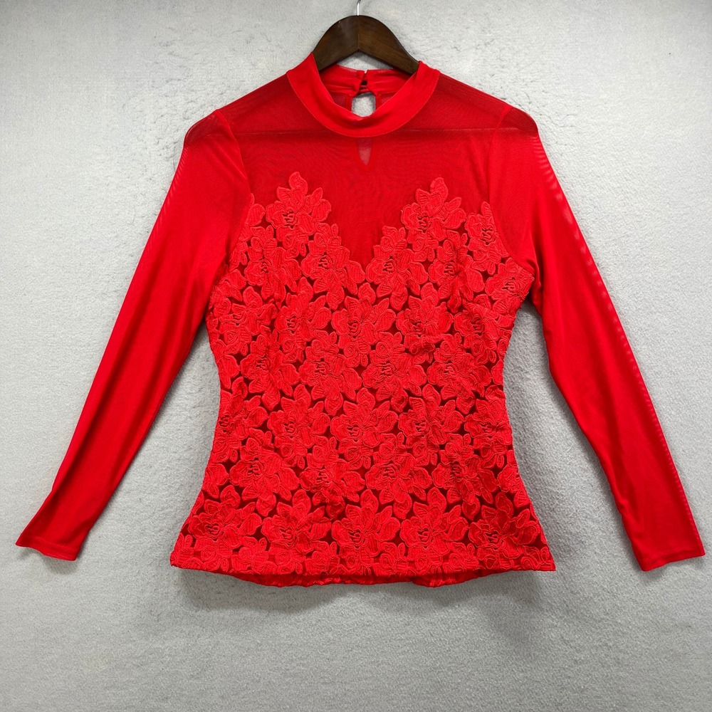 Boston Proper Blouse Womens 8 Red Lace Mesh Mock Neck Romantic Evening Party